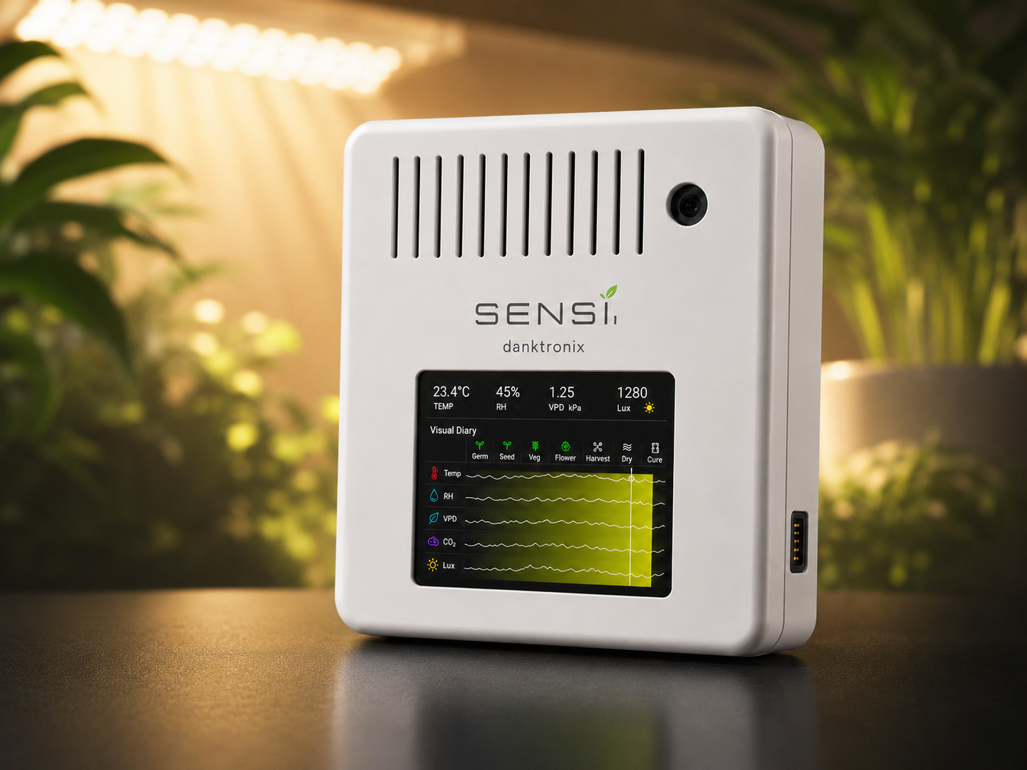 Sensi1 in warm grow light, its display on the light view showing ambient brightness in lux